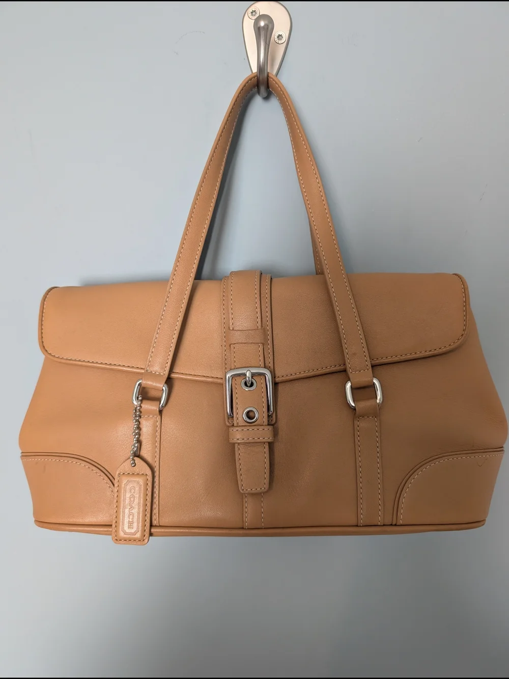 Coach Tan Leather Satchel Bag with Buckle Detail